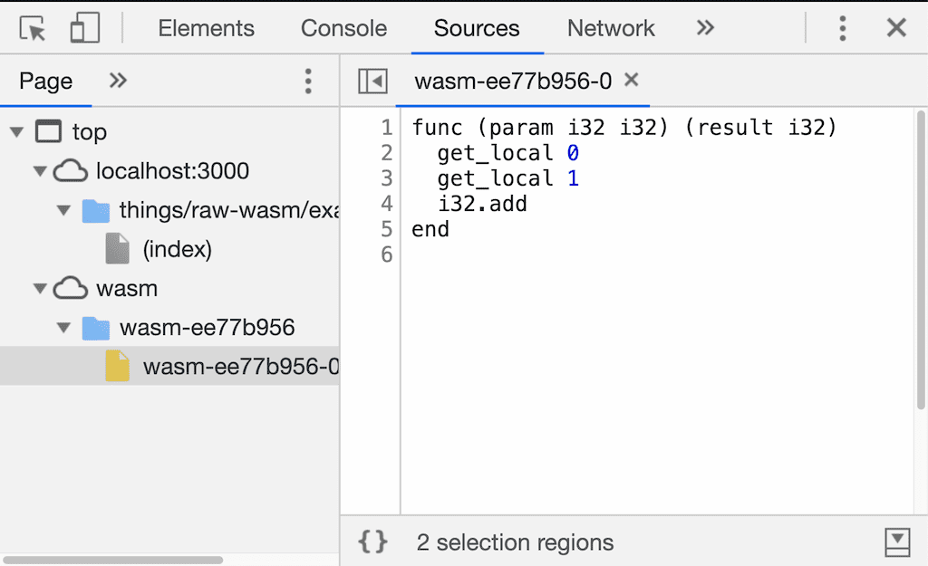 Screenshot of DevTools disassembling a WebAssembly module